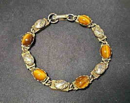 Vintage Cats Eye Glass Cabochon Link Bracelet Amber Brown Gold Tone 7.5” - $25.48