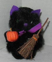 Russ Berrie Halloween ITTY BITTY CAT black kitten 6 1/2" Witch hat broom pumpkin - $13.98