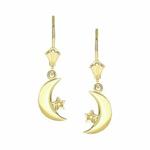 10K Solid Yellow Gold Crescent Moon and Star Leverback Earrings - £119.82 GBP