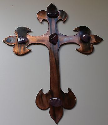 Primary image for Large Cross w/ Amethyst Stones - Metal Art - Copper - 13" tall x 10" wide