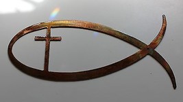 Metal Wall Art Decor Christian Fish Symbol  with Cross 24&quot; Copper/Bronze Plated - £30.35 GBP