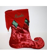 Monogram Christmas Stocking NICOLE 17&quot; Red Green Velvet Gold Balls Curle... - £9.91 GBP