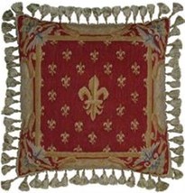 Aubusson Red Throw Pillow 22x22 French Fleur de Lis Handwoven Wool - £360.02 GBP
