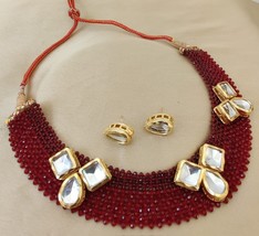 Chapado en Oro Estilo Indio Bollywood Kundan Granate Fusión Collar Joyer... - $66.48