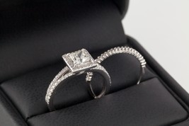 18k White Gold Halo Princess Diamond Engagement Ring &amp; Band Great Gift for Her - £3,310.76 GBP