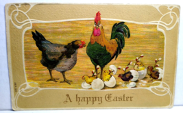 Easter Postcard Rooster Hen Cracked Eggs Baby Chicks Embossed 1909 Germany 337 - £7.88 GBP