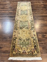 Tibetan Runner Rug 2.6 x 10 French Aubusson Pattern Gold Olive Green Vintage - £1,102.31 GBP