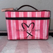 Victoria&#39;s Secret Striped Pink Black Train Case Travel Makeup Bag - £47.84 GBP