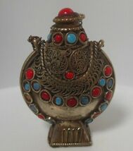 Antique Snuff Bottle W/Filigree Metalwork &amp; Semi-Precious Stone Inlay - $87.12