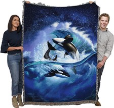 JL Orca Wave Blanket by Jerry LoFaro - Ocean Whales Gift Tapestry Throw, 72x54 - £62.34 GBP