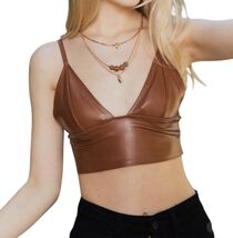Faux Leather Longline Bralette Top Size S Dark Brown V-Neck Spaghetti St... - $16.82