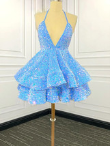 Halter Blue Prom Dresses 2024 Birthday Party Dresses Tired A Line Cocktail Dress - £126.29 GBP