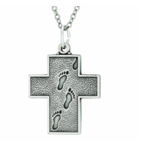 Sterling Silver Footprints Cross Verse On Back Necklace &amp; Chain - £59.82 GBP