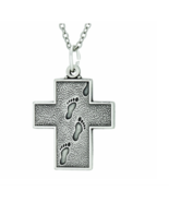 STERLING SILVER FOOTPRINTS CROSS VERSE ON BACK NECKLACE &amp; CHAIN - £63.75 GBP