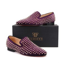 Men FERUCCI Purple Velvet Slippers Loafers Flat With Gold Spikes Rivets - £160.35 GBP