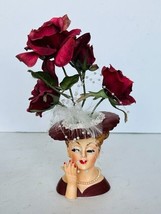 Napco 1958 Flower Planter Figurine Lady Head Vase Maroon Roses pearl ant... - £132.30 GBP