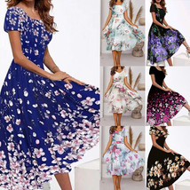  Womens Boho Floral Midi Dress Ladies Short Sleeve Summer Holiday Beach ... - $23.49+