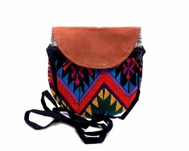 Mia Jewel Shop Mini Round Multicolored Tribal Embroidered Tan Vegan Leather Sued - £14.20 GBP