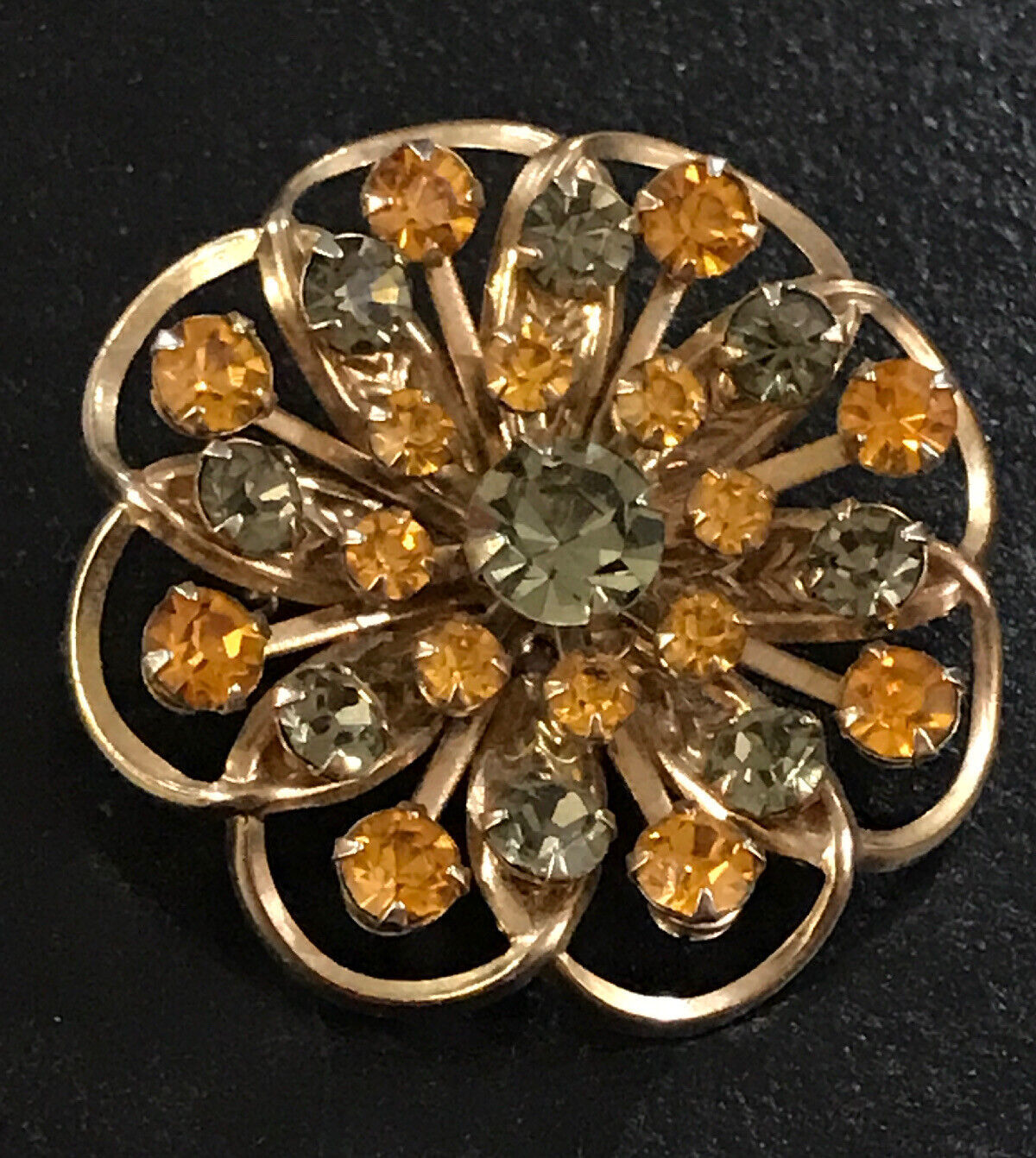 Primary image for Vintage Prong set Orange Rhinestone Round Pin in gold tone setting