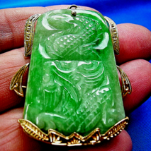 Earth mined Antique green Jade Dragon Pendant 14k Gold Deco Medallion Lu... - $6,626.25