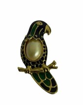 Vintage Parrot Bird Brooch Green Black And Gold With Pearl Chest vtd - $14.94