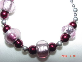 Pink Mauve Lampwork Beaded Bracelet with Red Czech Druk Glass - Free Shipping - £11.96 GBP