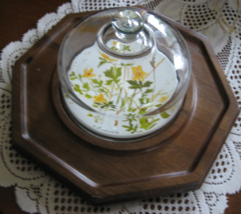 Cheese Appetizer Plate w/ Glass Dome-Teak Base-Goodwood-Yellow Floral-1970&#39;s - £27.44 GBP
