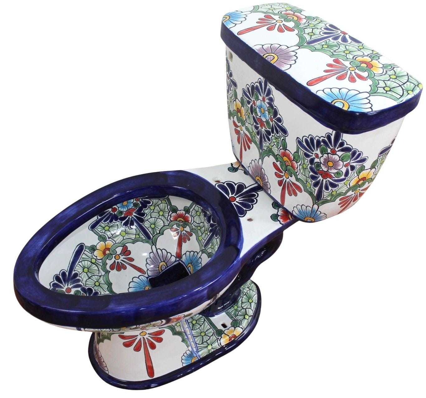 Mexican Toilet ELONGATED Comfort Height Hand Painted - Apaseo Blanco - - $1,399.00