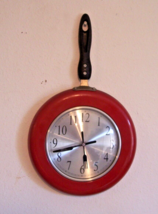 Metal Frying Pan Red Wall Clock 10&quot; Kitchen Fork &amp; Knife Hands Silver Dial wDome - £15.80 GBP