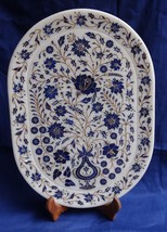 15&quot;x10&quot; White Marble Serving Tray Lapis Lazuli Inlay Handicraft Floral A... - $1,593.53