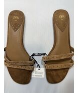 Zara Women’s Tan Suede Leather Perforated Double Strap Slide Sandals 40E... - $39.59