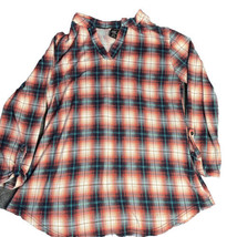 Lildy L/XL Plaid V-Neck Tunic Top Button Sleeve Red Orange Women&#39;s Top Pullover - £11.60 GBP