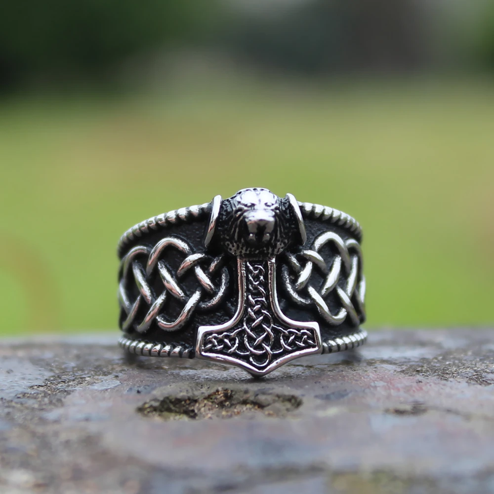 Viking Mjolnir Thor&#39;s Hammer Celtic Knot Ring Mens Nordic lion Stainless Steel R - £24.83 GBP