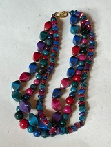 Triple Strand Bright Red Teal Purple Blue Green Various Shaped Sizes Plastic Bea - £10.46 GBP
