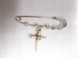 2&quot; Pin 3 Crystal Brooch &amp; Jesus Carpenter Nail Cross Rope Tie Look Charm Dangle - £4.73 GBP