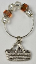 Silver Toned Double Handled Basket Charm Orange & Clear Beads Accessory Jewelry - $7.84
