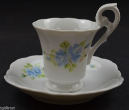 Porcelain Mini Teacup &amp; Saucer Hand Painted Blue Floral Pattern Signed L... - $14.50