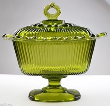 Vintage Indiana Glass Lace Edge Olive Green Footed Candy Box &amp; Lid 7.25&quot; Tall - £19.32 GBP