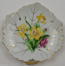 Vintage Nasco Yellow &amp; Pink Floral Pattern Ring Dish Gold Trim 4&quot; W Japan China - £10.02 GBP