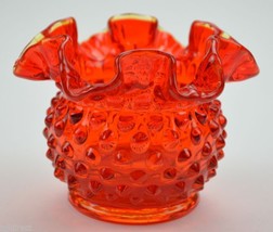 Vintage Fenton Art Glass Crimped Vase Hobnail Amberina Orange Pattern 3&quot; Tall - $38.69