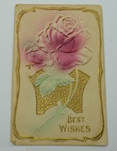 Vintage Paper Greeting Postcard Best Wishes Pink Rose Pattern 1900&#39;s Collectible - £11.40 GBP