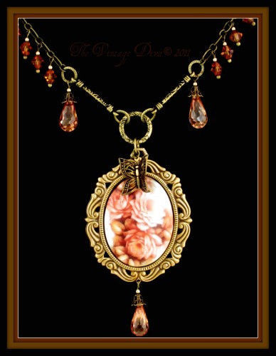 Rose Bouquet Victorian Style Porcelain Cameo Necklace w/ Crystal Briolettes - $79.15