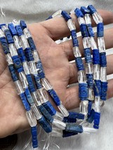 Tubular quartz + carved Lapis Lazuli handmade bead strand 16 &quot; crystal N... - $94.05