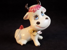 Cute Tiny Porcelain Cow Figurine With Floral Necklace Clara Belle Statuette - £5.41 GBP