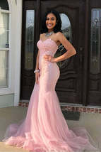 Sweetheart Mermaid Tulle Pink Long Prom Dress,Designers Evening Gowns - £148.62 GBP
