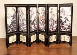 Vintage Chinese Black Lacquer Hand Painted Table Folding Screen (3504) - £71.30 GBP