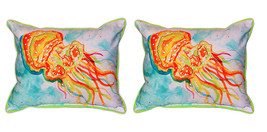 Pair of Betsy Drake Orange Jellyfish Large Indoor Outdoor Pillows - £71.21 GBP