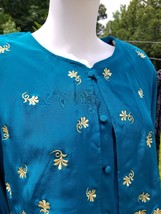 Vintage DVF Silk Turquoise green gold embroidered 2pc blouse &amp; pant set L - $74.25