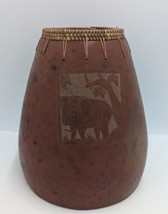 African Art Clay Vase w/ Elephant Jungle Art Tribal Wicker Rattan Weave Edge 9&quot; - £50.35 GBP