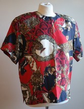 Vtg Meeting Street M 100% Silk Scarf-Print Equestrian Short Sleeve Blouse Top - £16.70 GBP